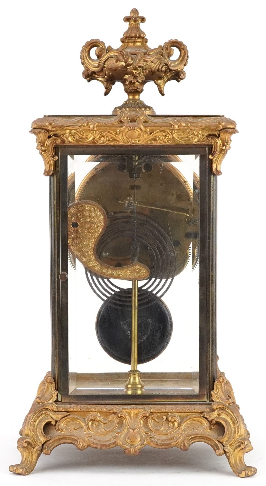 19th century ormolu four glass mantle clock striking on a gong with urn finial and circular - Image 5 of 8