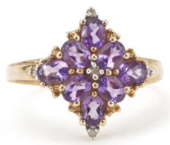 9ct gold amethyst and diamond cluster ring, size P, 2.9g