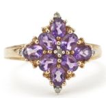 9ct gold amethyst and diamond cluster ring, size P, 2.9g