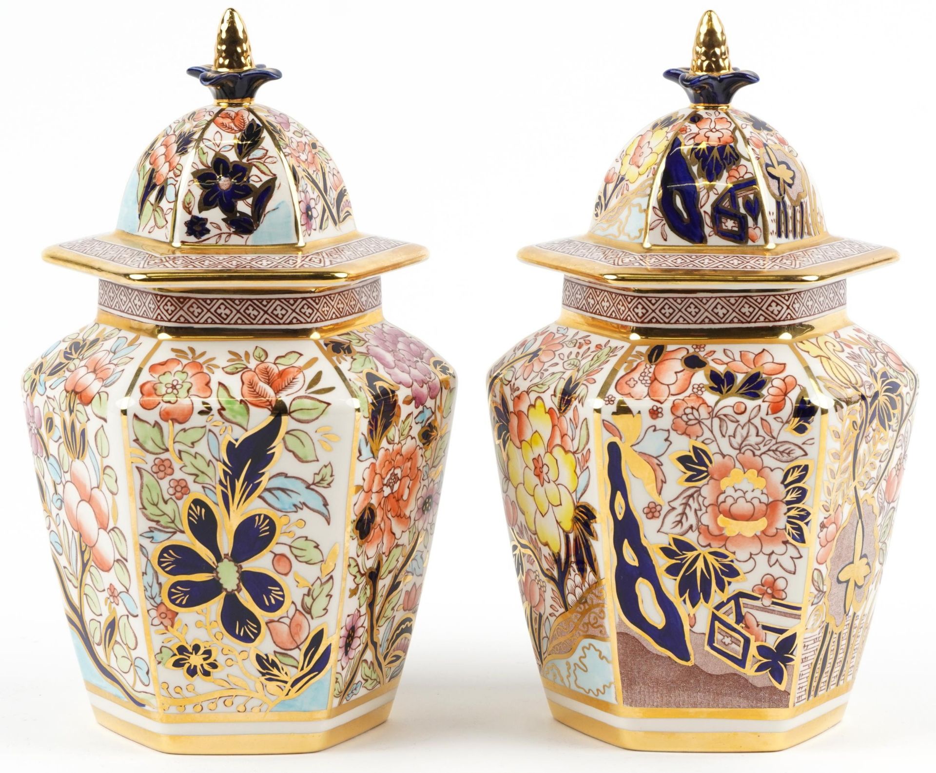 Pair of Mason yellow and orange Siam hexagonal vases with covers, each limited edition of 2000, each