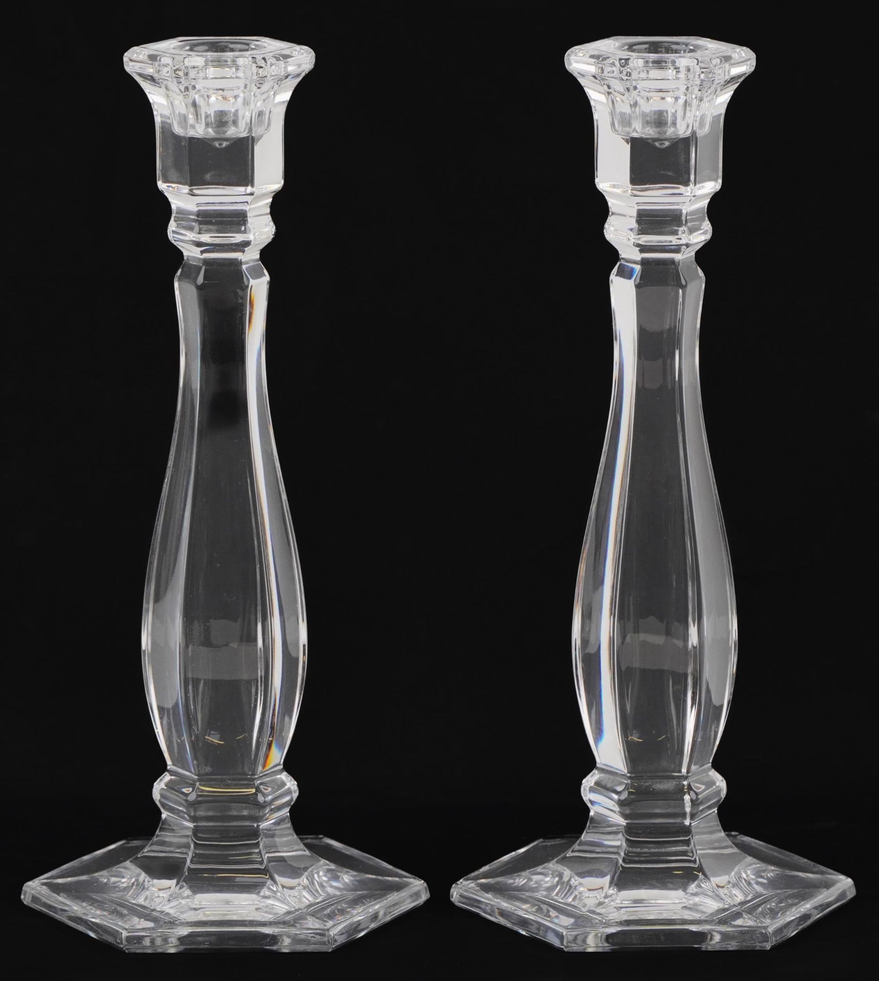 Pair of Tiffany & Co hexagonal glass candlesticks, each 24cm high