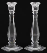 Pair of Tiffany & Co hexagonal glass candlesticks, each 24cm high