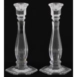 Pair of Tiffany & Co hexagonal glass candlesticks, each 24cm high