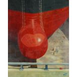 Hymers 1972 - Harland & Wolff shipped docked, oil on canvas, inscribed verso, framed, 76cm x 60cm