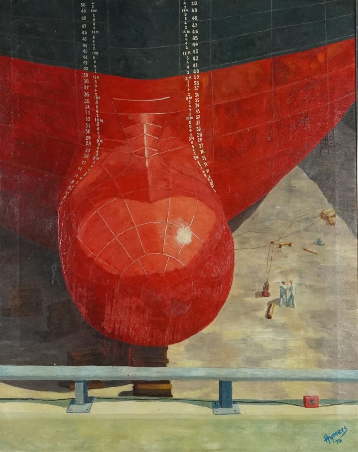 Hymers 1972 - Harland & Wolff shipped docked, oil on canvas, inscribed verso, framed, 76cm x 60cm
