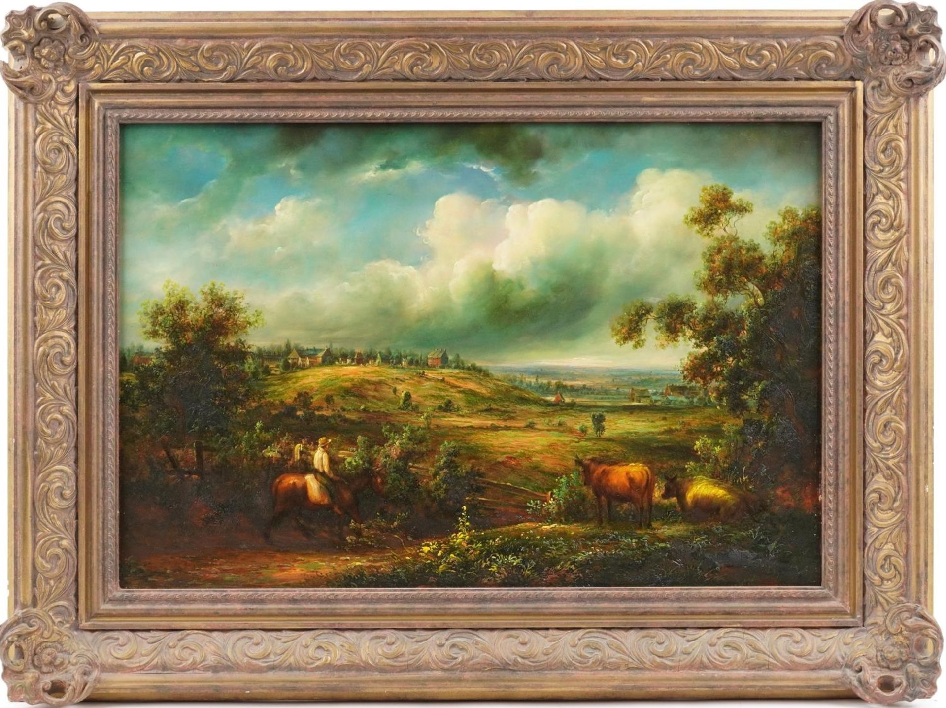 Figure on horseback beside cattle before a landscape, 19th century oil on wood panel, mounted and - Bild 2 aus 3