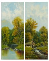 A Herbert - Rural landscapes with streams, pair of Victorian school oil on boards, mounted and