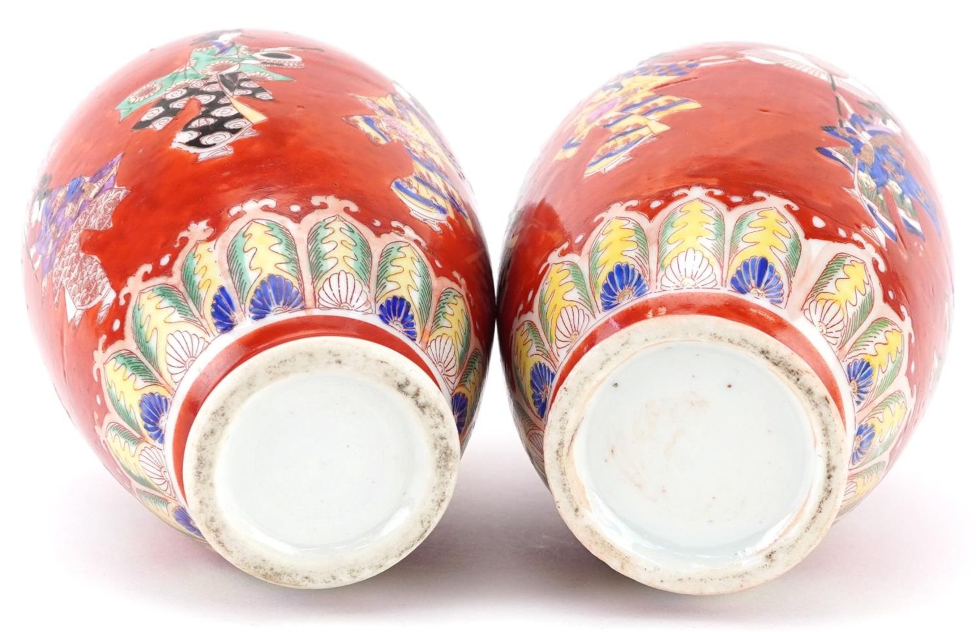 Pair of Japanese iron red ground porcelain vases hand painted with a continuous band of Geishas - Image 6 of 6