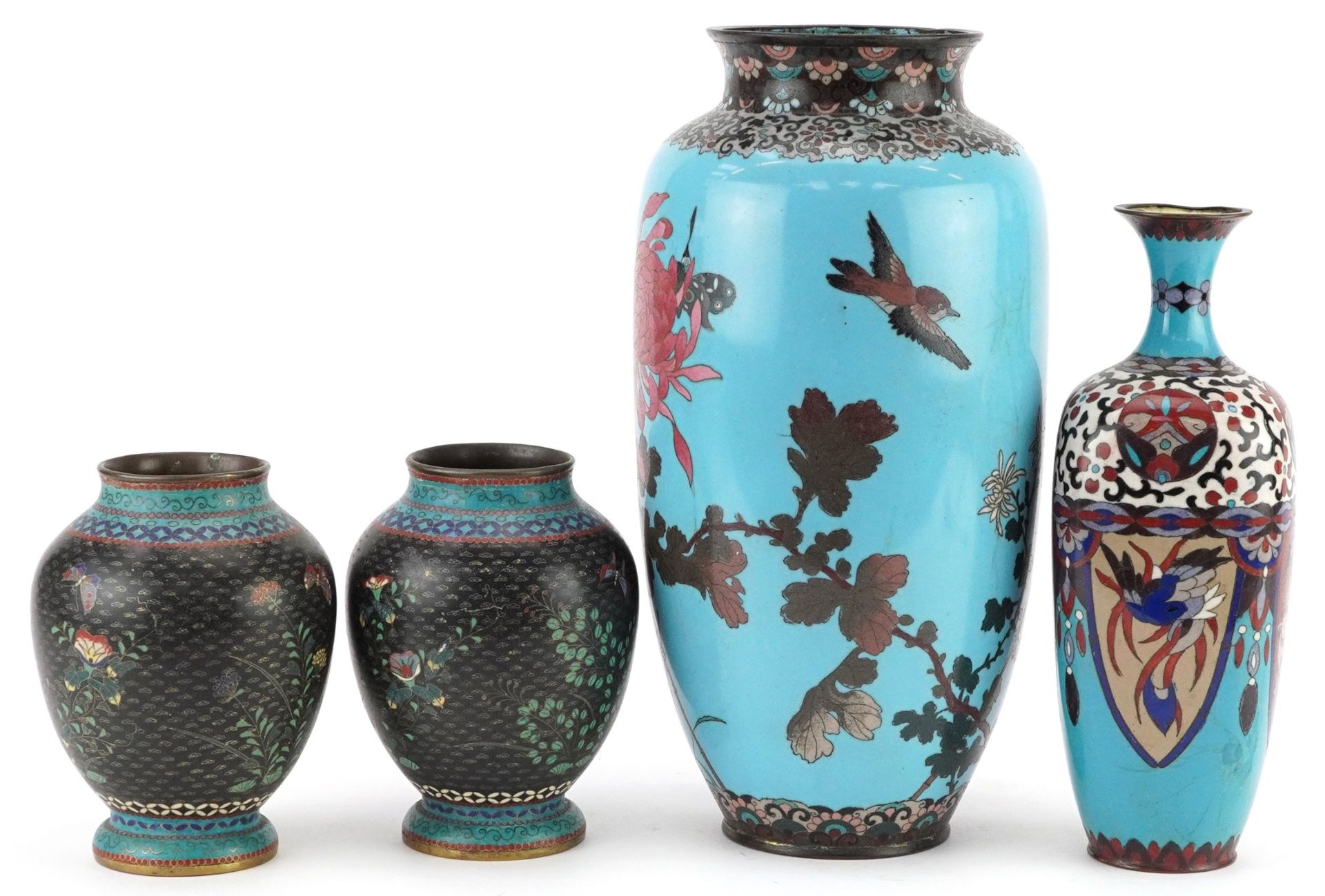 Four Japanese cloisonne vases including a pair enamelled with butterflies amongst flowers and an - Image 2 of 6