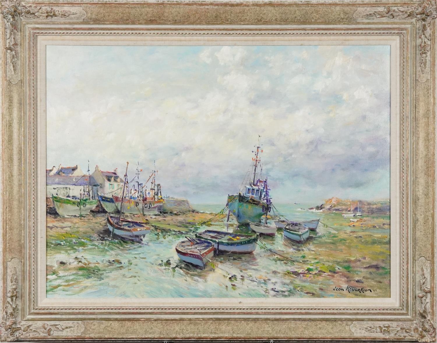 Jean Kevorkian - Marée basse, moored fishing boats, contemporary French oil on canvas, inscribed - Image 2 of 7