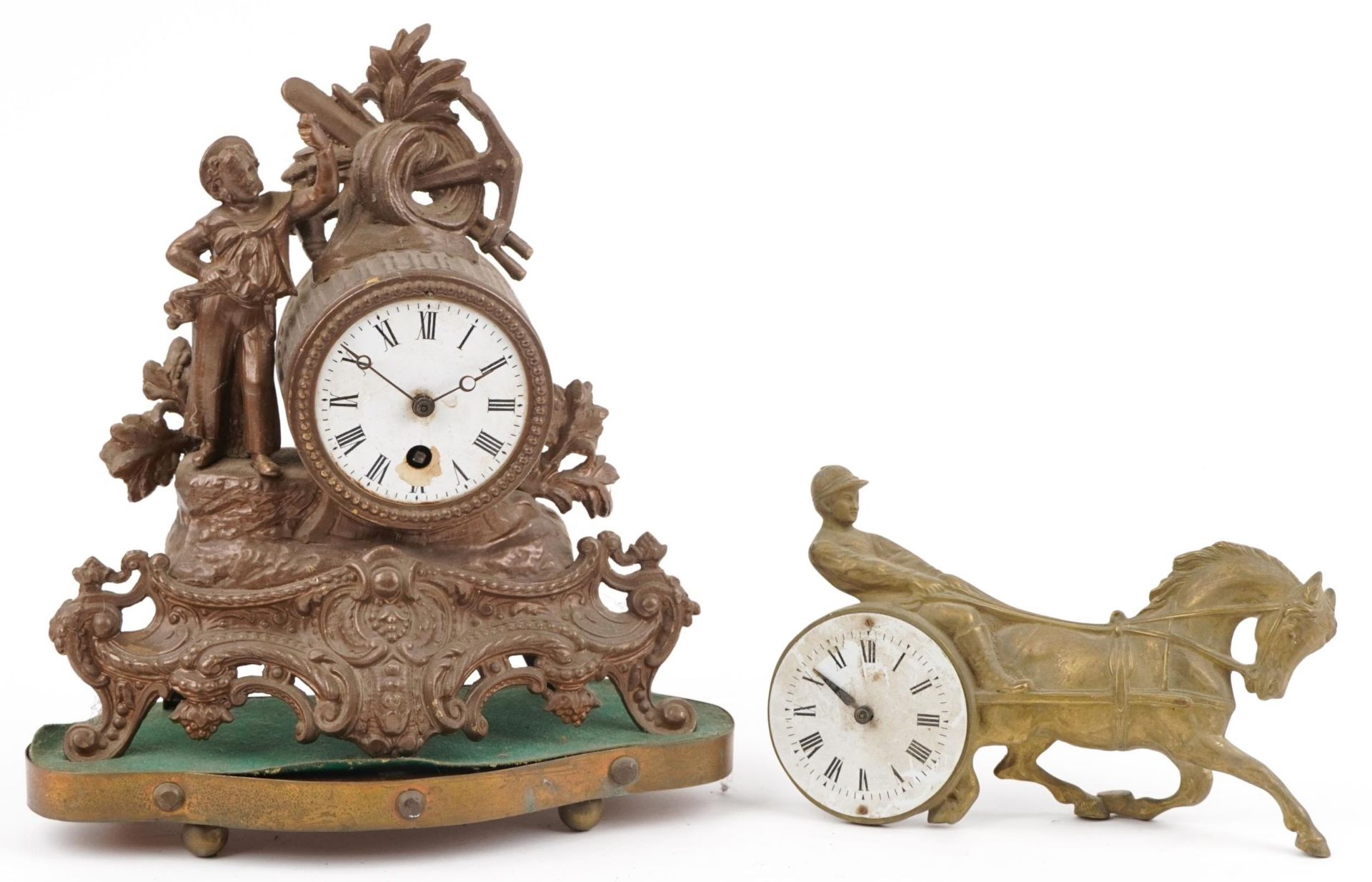 Two 19th century French mantle clocks comprising a gilt spelter example on stand surmounted with a
