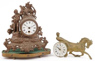Two 19th century French mantle clocks comprising a gilt spelter example on stand surmounted with a