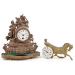 Two 19th century French mantle clocks comprising a gilt spelter example on stand surmounted with a