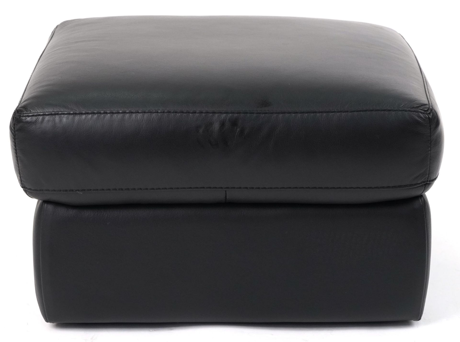 Contemporary three seater settee with black leather upholstery and footstool, the settee 90cm H x - Image 4 of 6