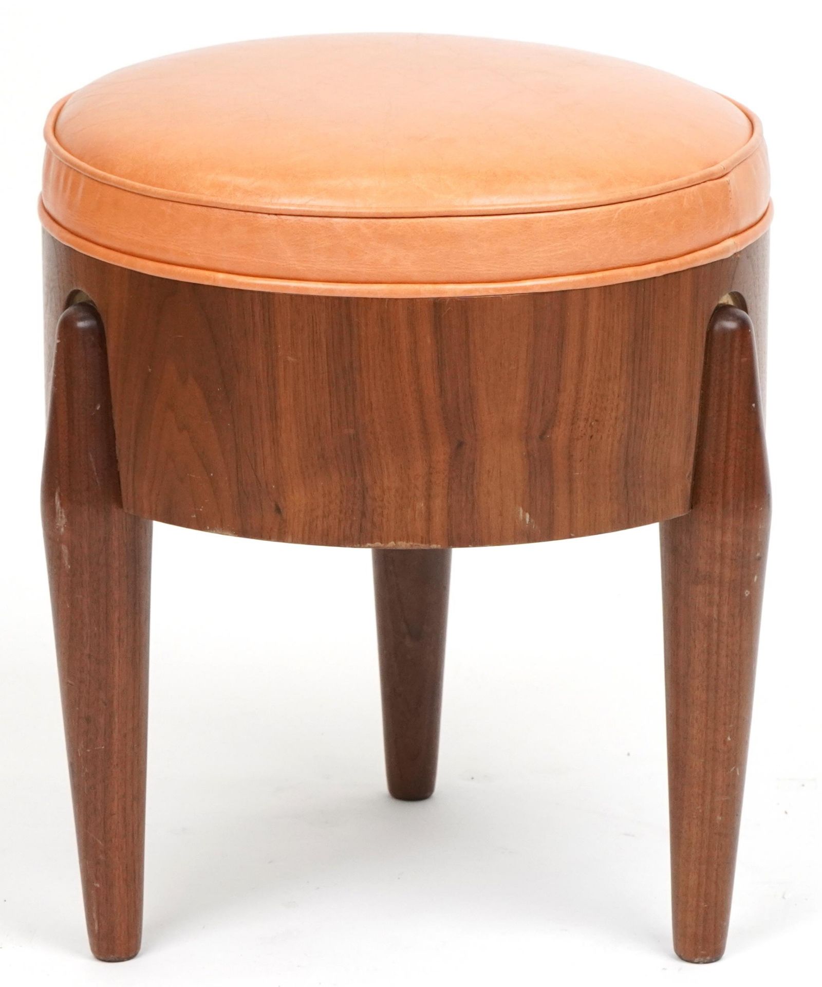 Scandinavian design hardwood three legged rocket stool with tan upholstered cushioned seat, 45cm H x - Image 3 of 3