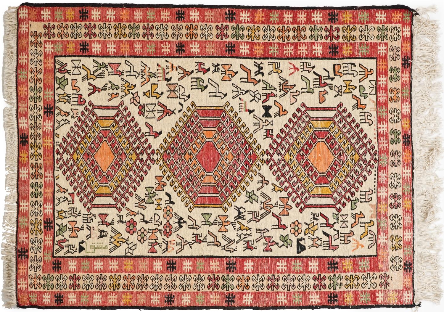 Turkish Kilim rug decorated with wild animals and flowers, 93cm x 72cm