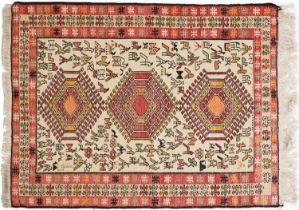 Turkish Kilim rug decorated with wild animals and flowers, 93cm x 72cm