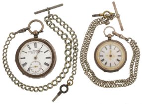 Two ladies and gentlemen's silver key wind open face pocket watches having enamelled dials and Roman