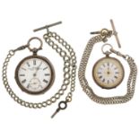 Two ladies and gentlemen's silver key wind open face pocket watches having enamelled dials and Roman