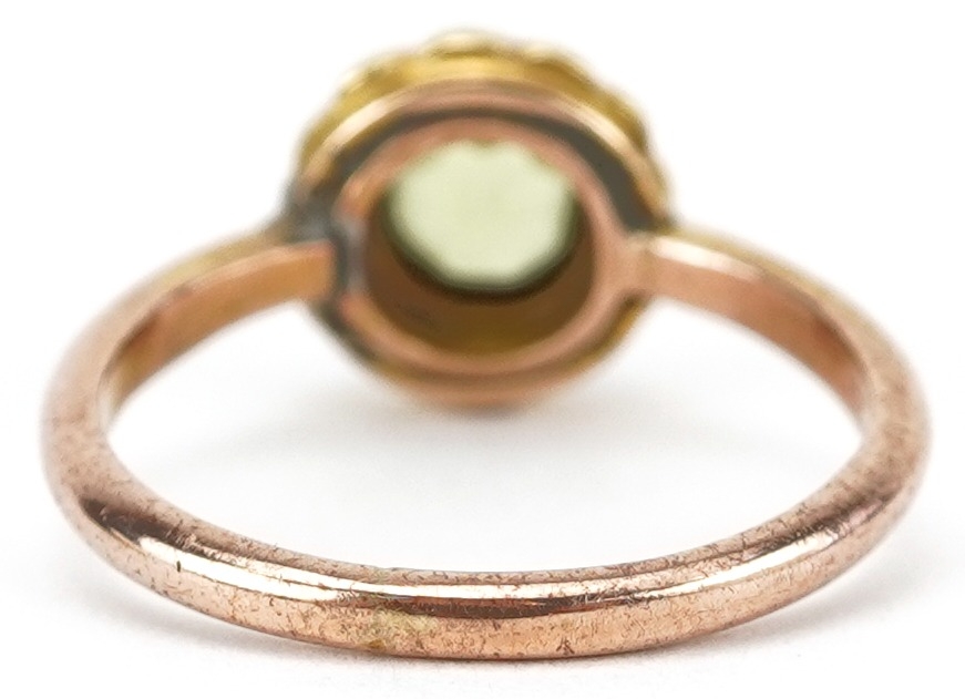 Gold peridot and seed pearl cluster ring, indistinct marks, tests as 15ct gold, the peridot - Image 2 of 3