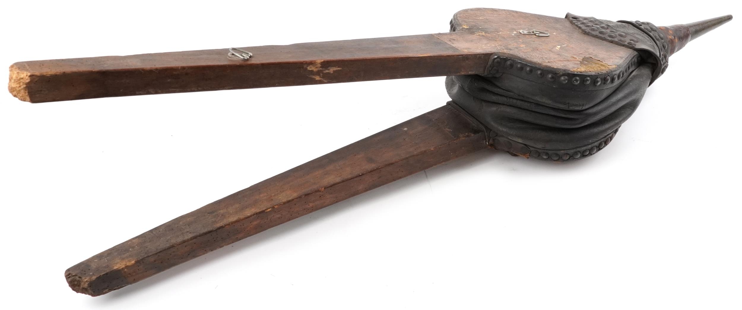 Pair of large leather mounted and studded blacksmith's forge bellows, 125cm in length - Image 2 of 4