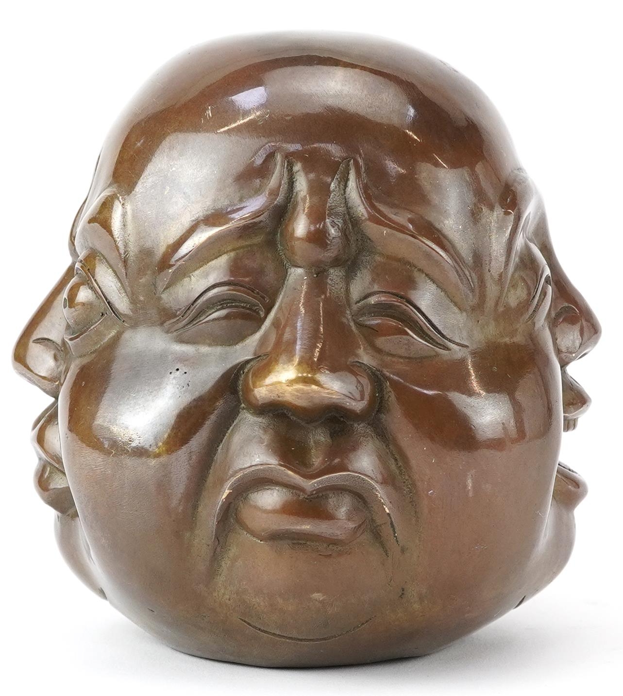 Chinese patinated bronze four face Buddha paperweight, character marks to the base, 12cm high - Image 5 of 8