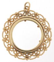 9ct gold rope twist design half sovereign pendant mount, 3cm in diameter, 3.1g