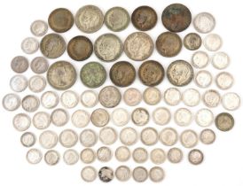 British pre decimal, pre 1947 coinage including half crowns and shillings, 320g