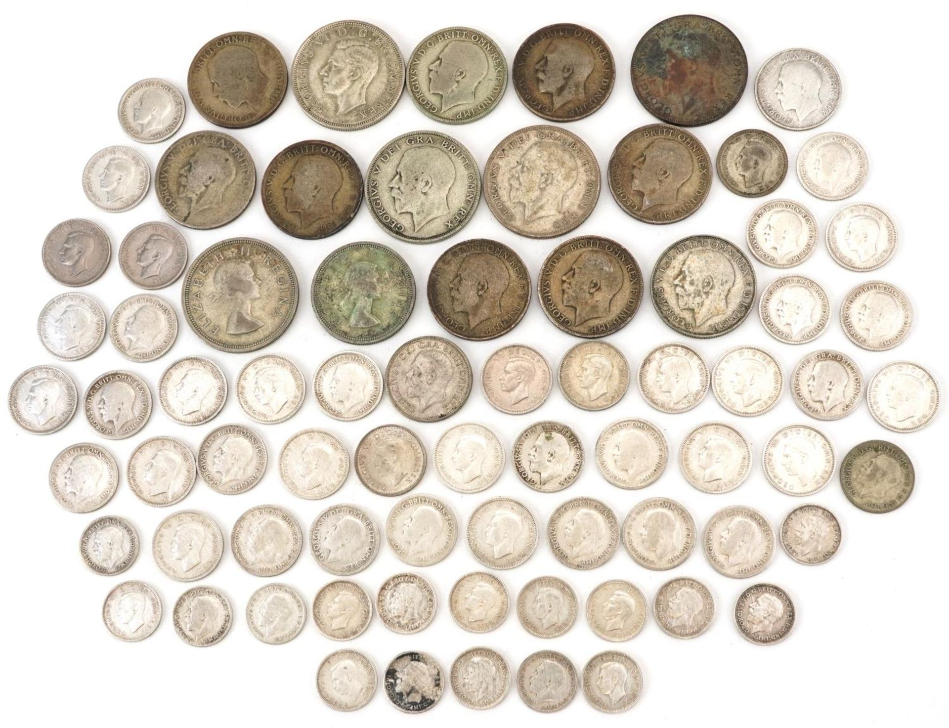 British pre decimal, pre 1947 coinage including half crowns and shillings, 320g