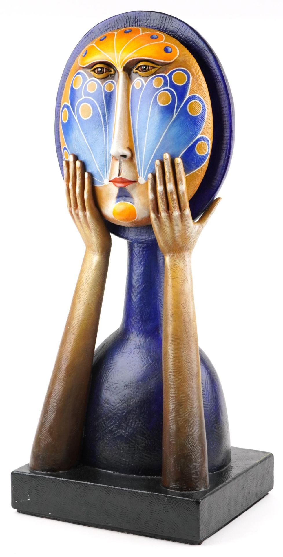 Sergio Bustamante, contemporary hand painted fibre glass sculpture of a female holding her face, The