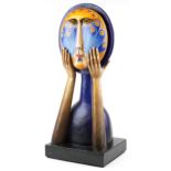 Sergio Bustamante, contemporary hand painted fibre glass sculpture of a female holding her face, The