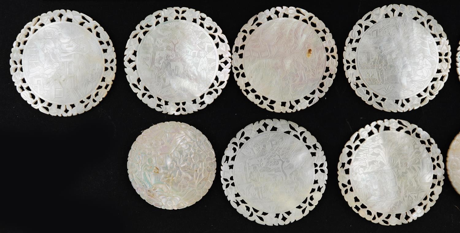 Good collection of Chinese Canton mother of pearl gaming counters including examples finely and - Image 5 of 19