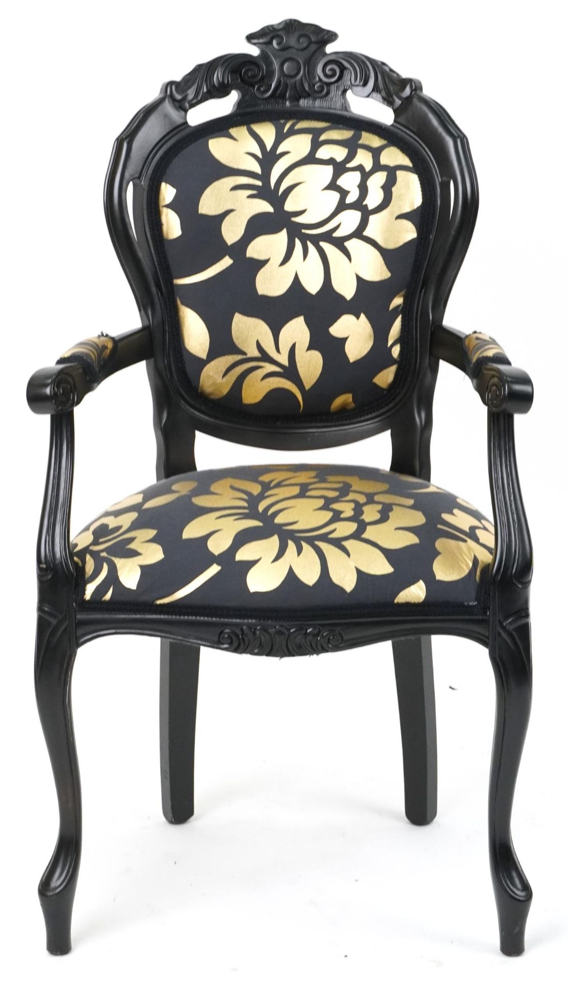 French style black painted elbow chair with black and gold floral upholstery, 103cm high - Bild 2 aus 4