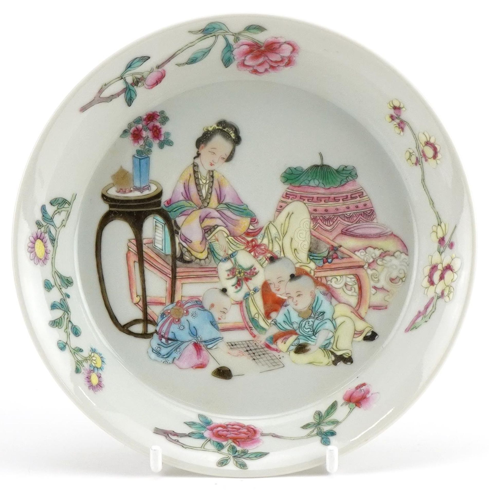 Chinese porcelain dish hand painted in the famille rose palette with a mother and children