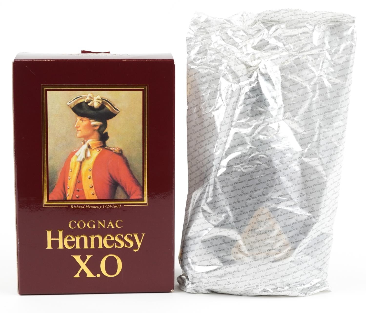 Bottle of Hennessey XO cognac with box housed in a sealed bag