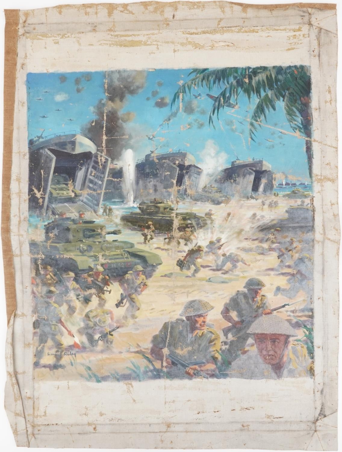 Harry Arthur Riley - Normandy, Military interest oil on unstretched canvas, overall 85cm x 59.5cm - Image 2 of 4