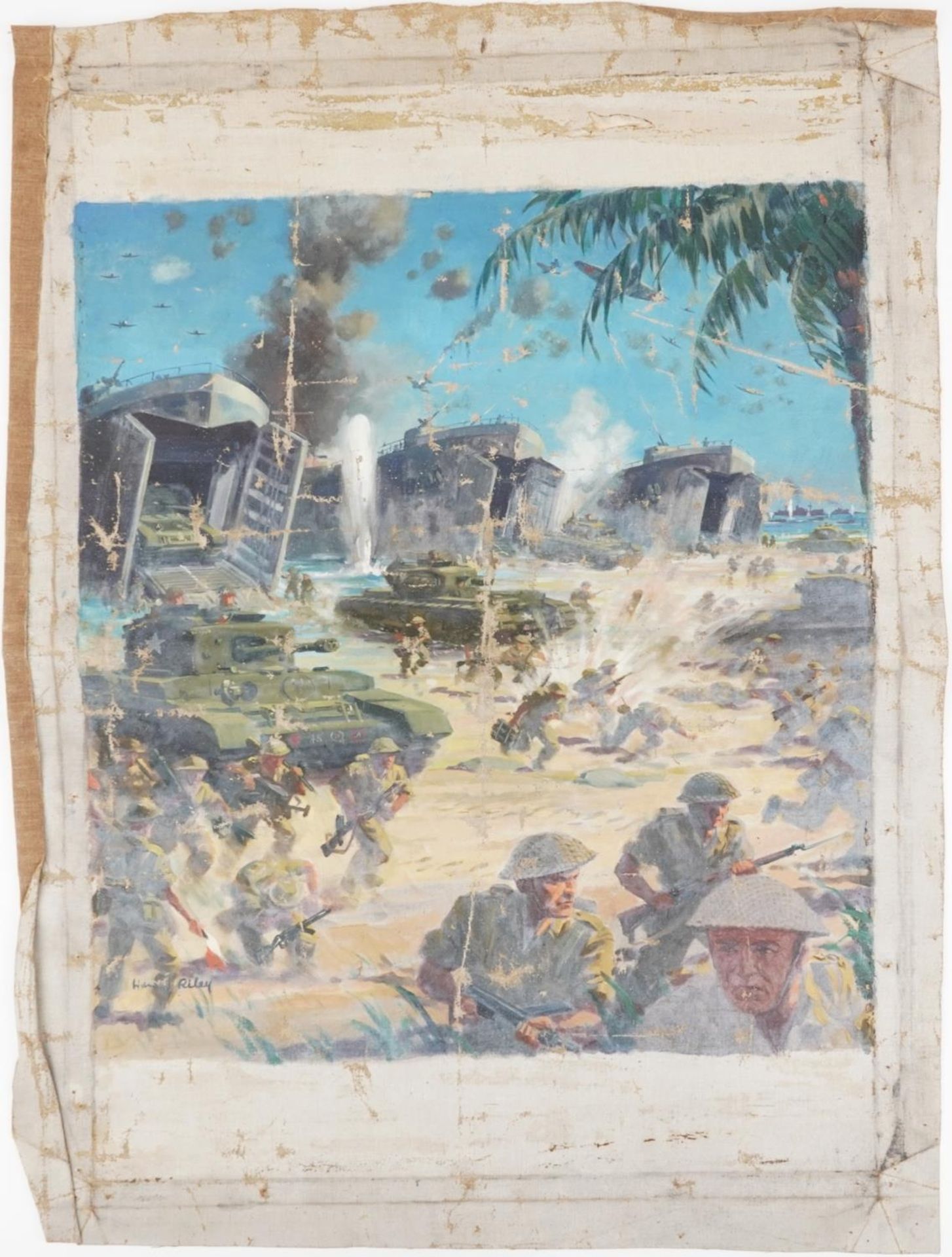 Harry Arthur Riley - Normandy, Military interest oil on unstretched canvas, overall 85cm x 59.5cm - Bild 2 aus 4