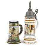 Two European porcelain steins including a Kaiser example with pewter mounts, the largest 34cm high
