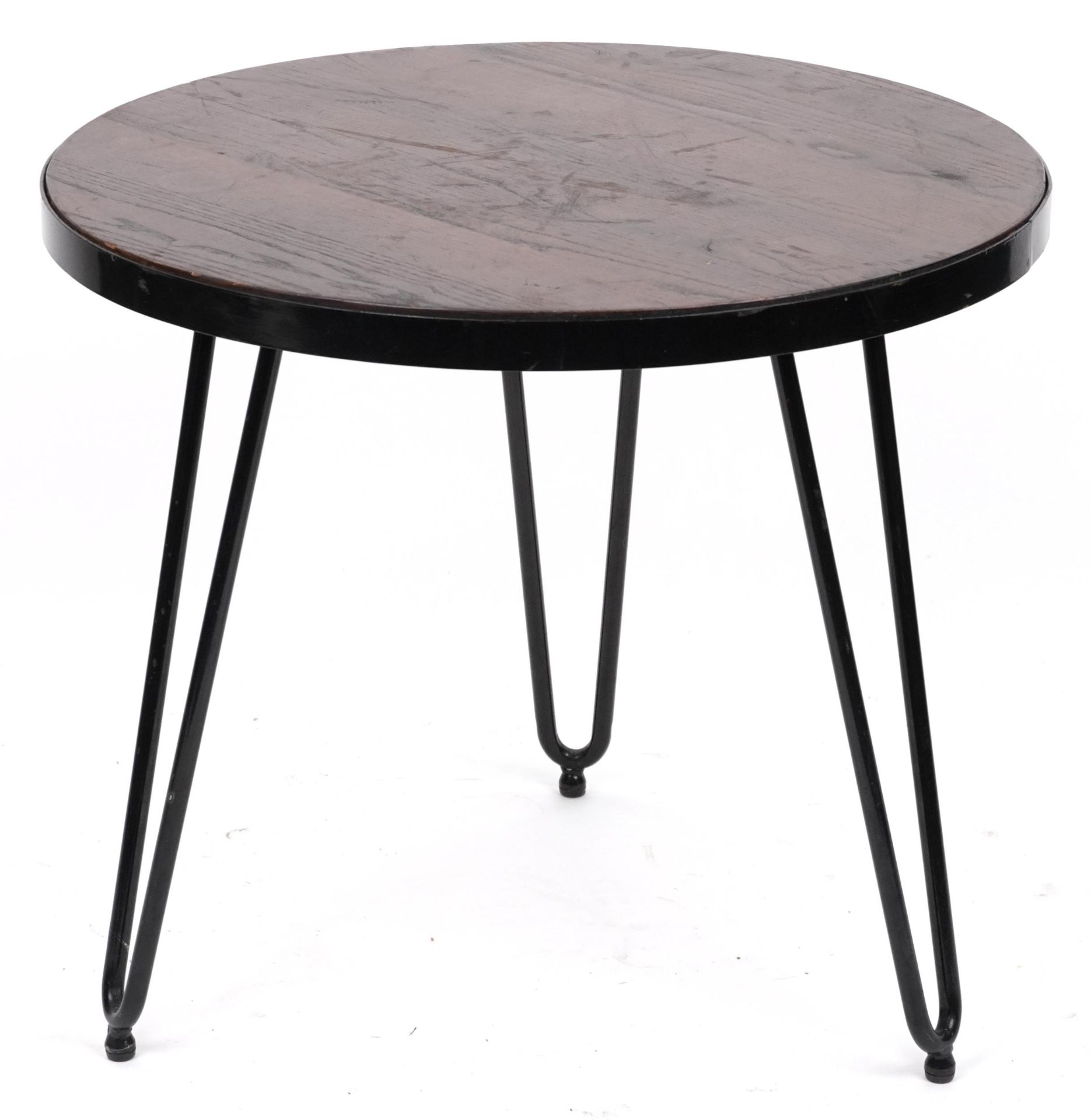 Industrial circular hardwood and wrought iron occasional table with hairpin legs, 53.5cm high x 61cm - Bild 3 aus 3
