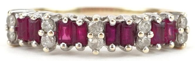 9ct gold ruby and diamond half eternity ring set with ten diamonds and eight rubies, total diamond