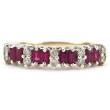 9ct gold ruby and diamond half eternity ring set with ten diamonds and eight rubies, total diamond