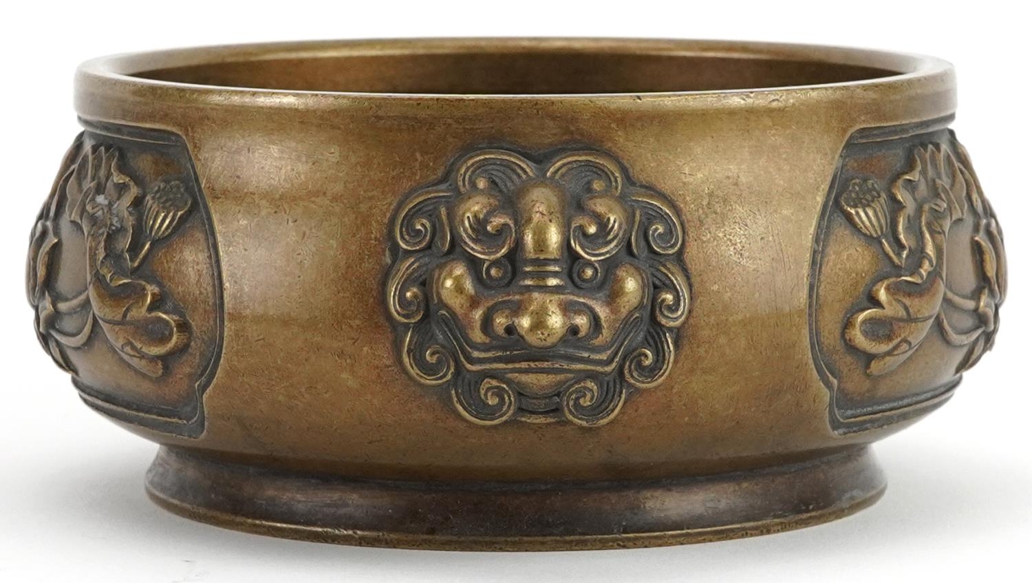 Chinese patinated bronze censer with animalia handles cast in relief with panels of flowers, four - Image 2 of 7