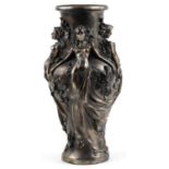 Large Art Nouveau style bronzed vase decorated in relief with three maidens and flowers, 61cm high