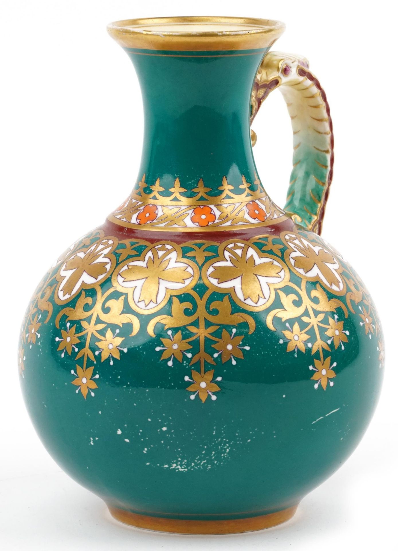 Attributed to Samuel Allcock & Sons, Victorian Gothic Revival handled jug gilded with stylised