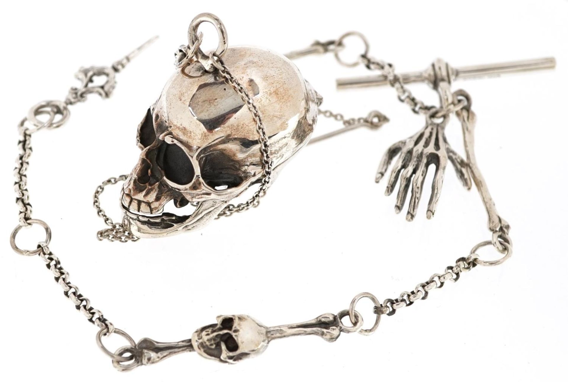 Steam Punk sterling silver human skull design watch chain with opening skull trinket and T bar, 30cm - Bild 2 aus 4