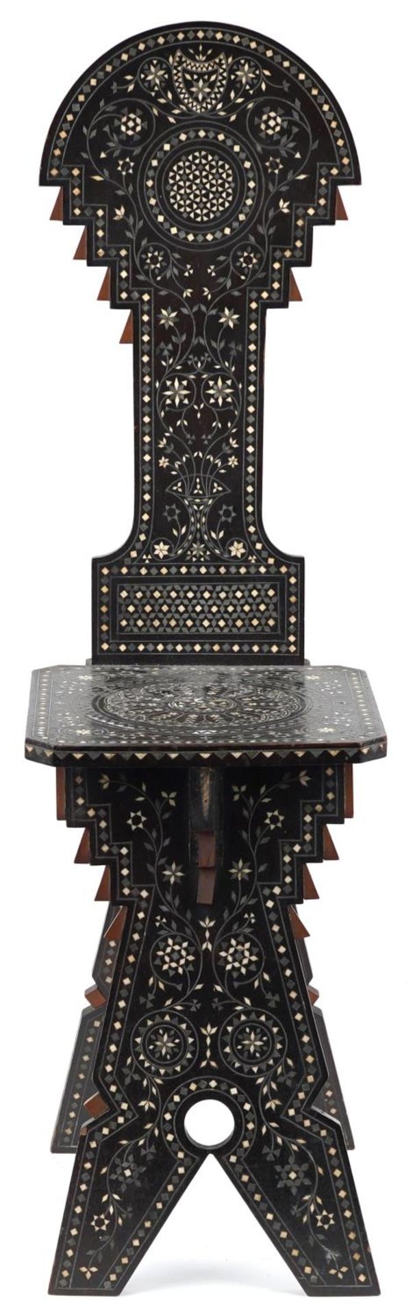 19th century Northern Italy hardwood chair with metal and bone foliate inlay, 101cm high - Image 2 of 4