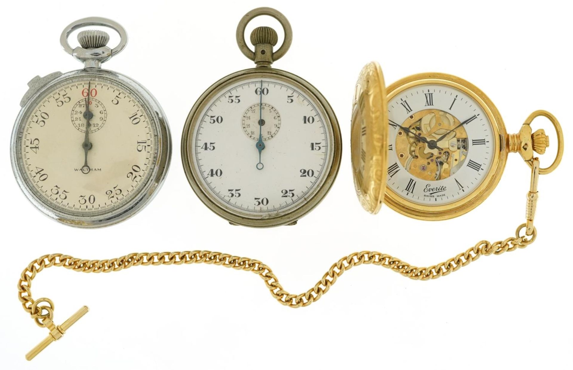 Three pocket watches including British military interest Waltham stopwatch and a gold plated half