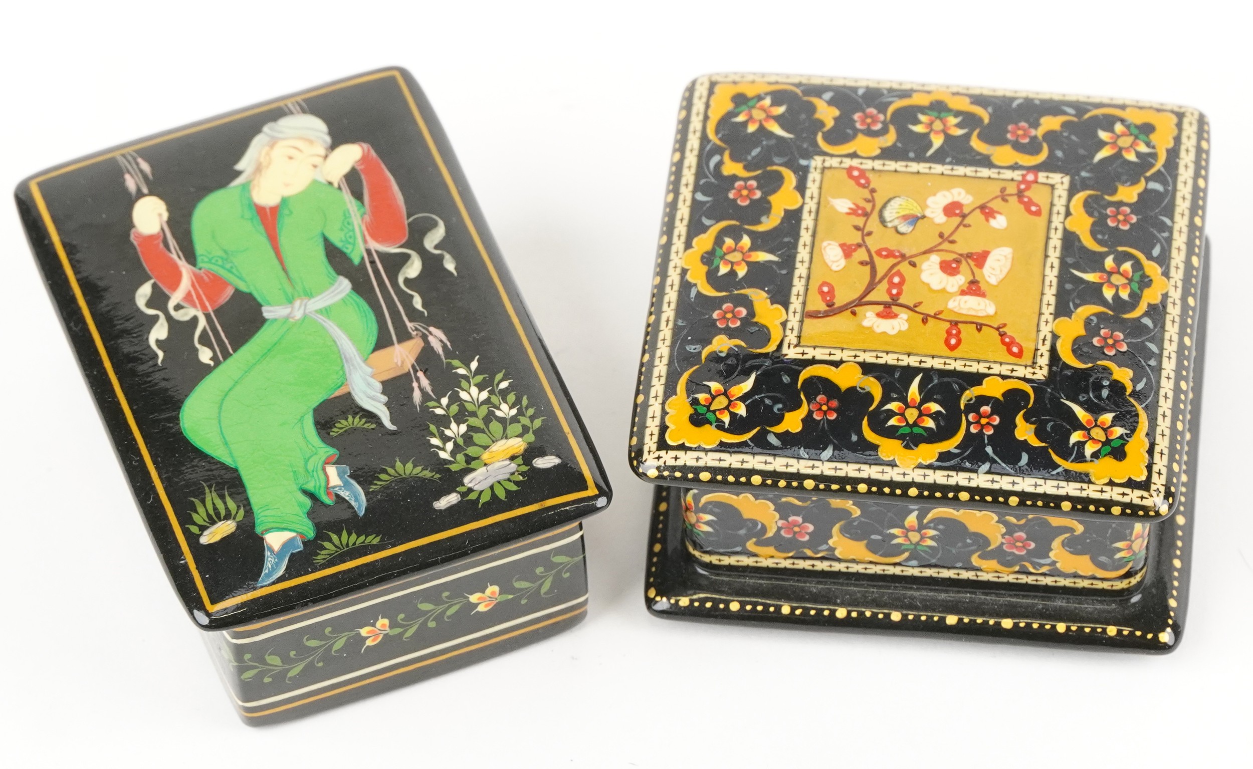 Two Islamic black lacquered boxes and covers including an example hand painted with flowers, the - Image 2 of 4