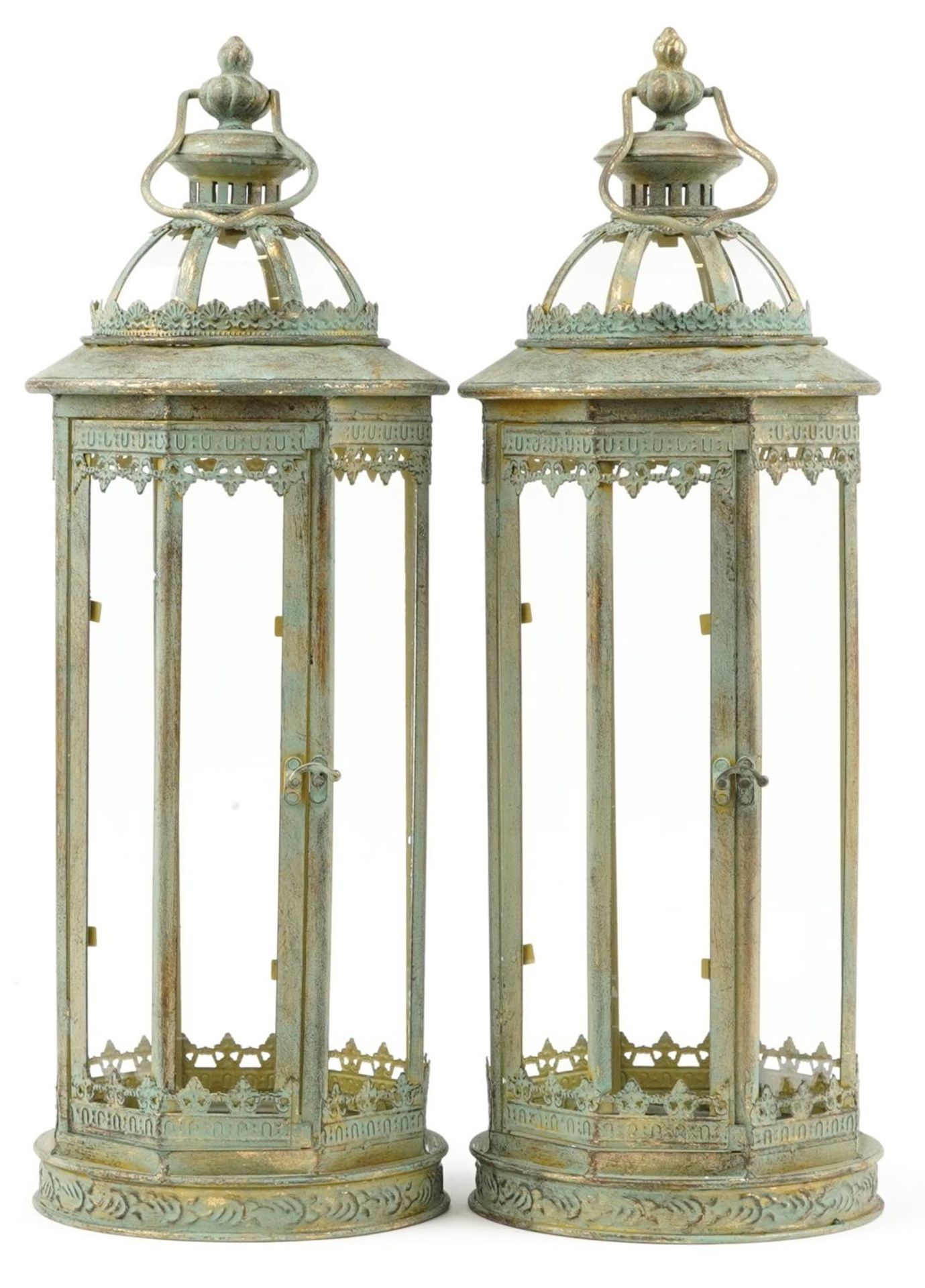 Large pair of partially gilt bronzed hanging lanterns with glass panels, 59cm high - Image 2 of 3