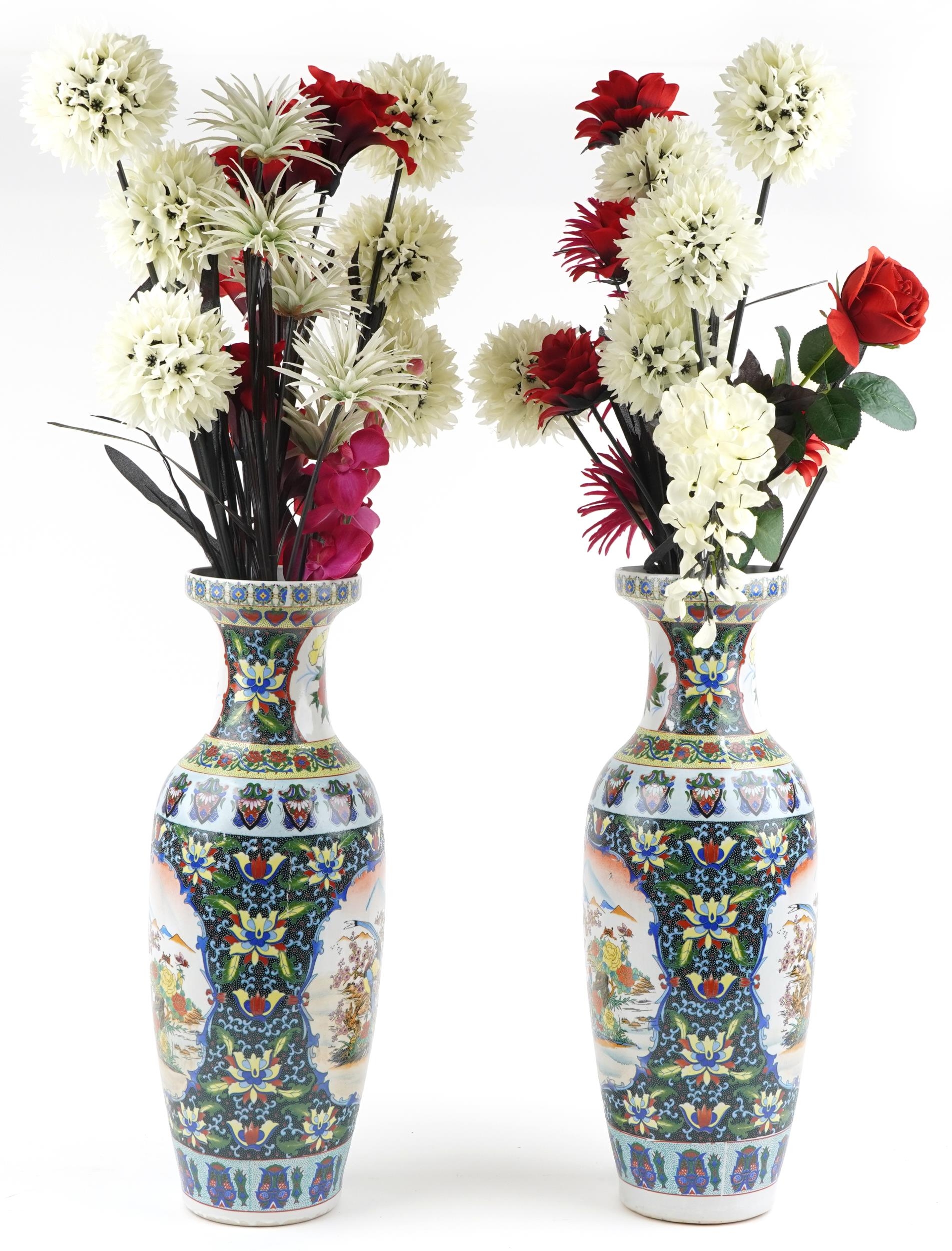 Large pair of Chinese porcelain vases decorated with flowers housing artificial flowers, each vase - Image 2 of 6